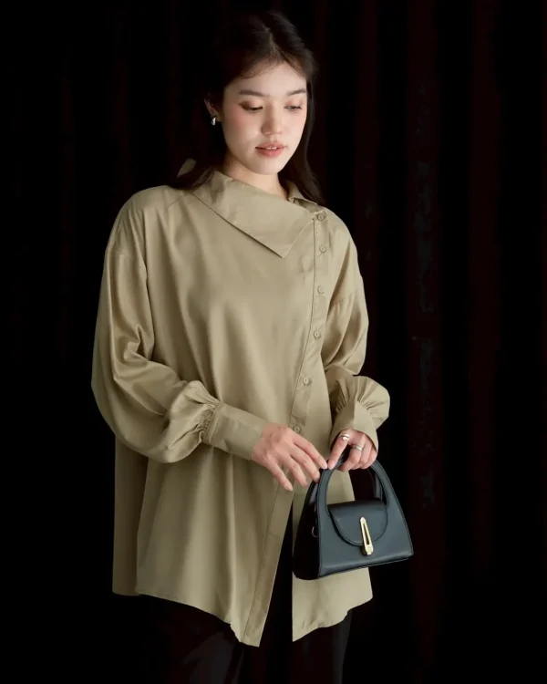Amana Shirt Sage | Kemeja Polos Katun | Kemeja Wanita Santai foto 2