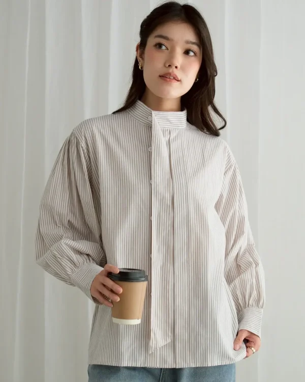 Arela Stripe Shirt Soft Brown | Kemeja Stripe Katun Adem | Kemeja Kerja Santai foto 1