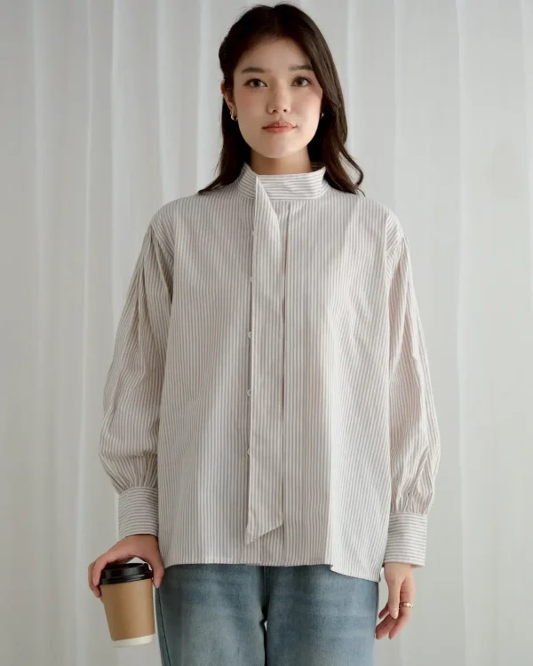 Arela Stripe Shirt Soft Brown | Kemeja Stripe Katun Adem | Kemeja Kerja Santai foto 3