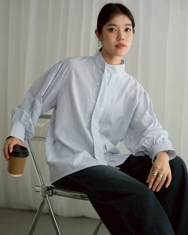 Arela Stripe Shirt Grey | Kemeja Stripe Katun Adem | Kemeja Kerja Santai foto 2