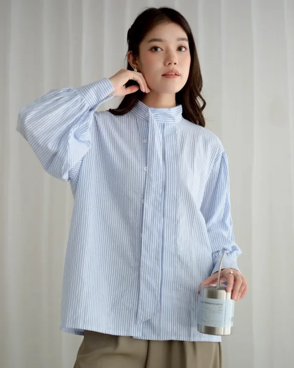 Arela Stripe Shirt Blue | Kemeja Stripe Katun Adem | Kemeja Kerja Santai foto 3