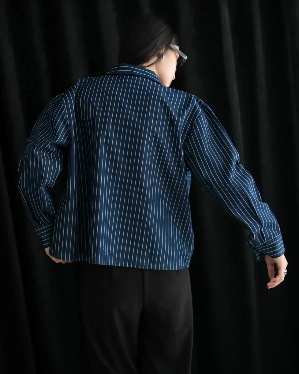 Nea Striped Denim Jacket | Jaket Denim Garis Garis | Jaket Kasual Wanita Dark Blue foto 3