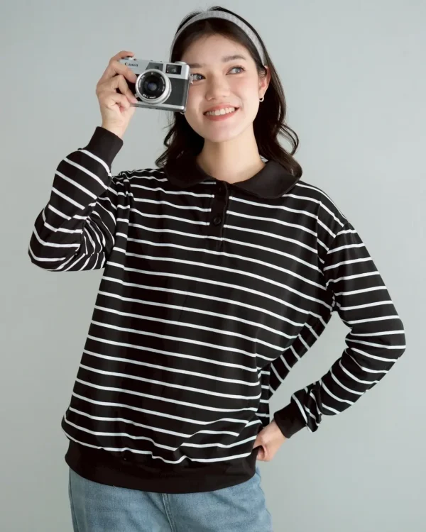 Stripe Sweatshirt Black Small | Top Kaos Katun X Rib Lengan Panjang | Kaos Wanita Santai foto 1