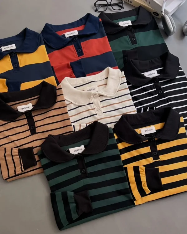 Stripe Sweatshirt Green-Black | Top Kaos Katun X Rib Lengan Panjang | Kaos Wanita Santai foto 2