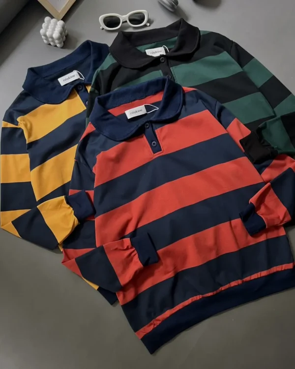 Stripe Sweatshirt Teracotta-Navy | Top Kaos Katun X Rib Lengan Panjang | Kaos Wanita Santai foto 2