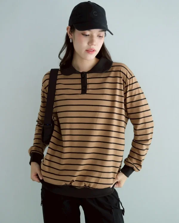Stripe Sweatshirt Black-Choco Small | Top Kaos Katun X Rib Lengan Panjang | Kaos Wanita Santai foto 1