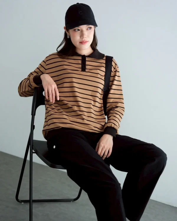 Stripe Sweatshirt Black-Choco Small | Top Kaos Katun X Rib Lengan Panjang | Kaos Wanita Santai foto 2