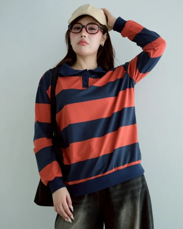 Stripe Sweatshirt Teracotta-Navy | Top Kaos Katun X Rib Lengan Panjang | Kaos Wanita Santai foto 1