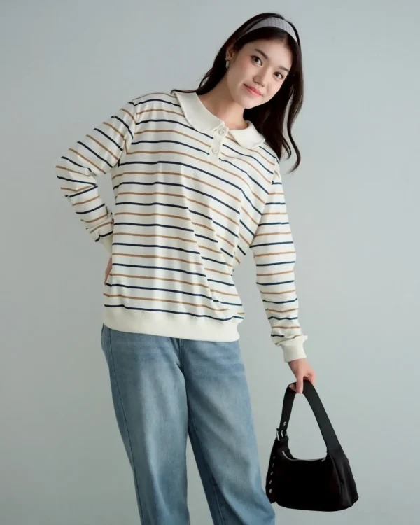 Stripe Sweatshirt Cream Small | Top Kaos Katun X Rib Lengan Panjang | Kaos Wanita Santai foto 2