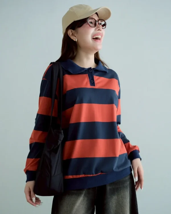 Stripe Sweatshirt Teracotta-Navy | Top Kaos Katun X Rib Lengan Panjang | Kaos Wanita Santai foto 3