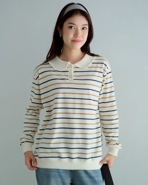 Stripe Sweatshirt Cream Small | Top Kaos Katun X Rib Lengan Panjang | Kaos Wanita Santai foto 1