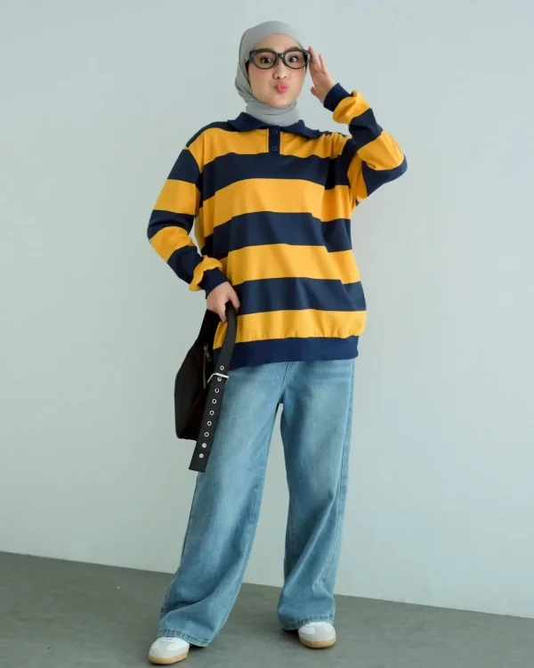 Stripe Sweatshirt Mustard-Navy | Top Kaos Katun X Rib Lengan Panjang | Kaos Wanita Santai foto 2