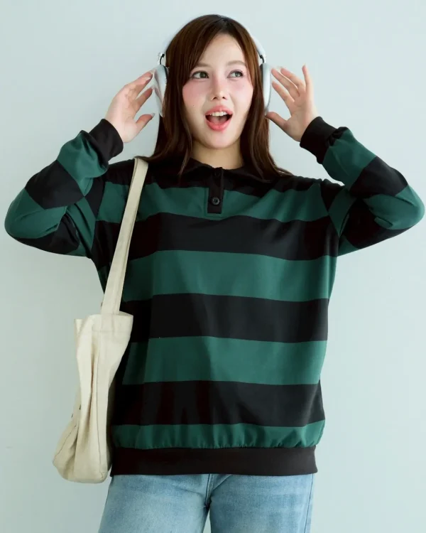 Stripe Sweatshirt Green-Black Big | Top Kaos Katun X Rib Lengan Panjang | Kaos Wanita Santai foto 1