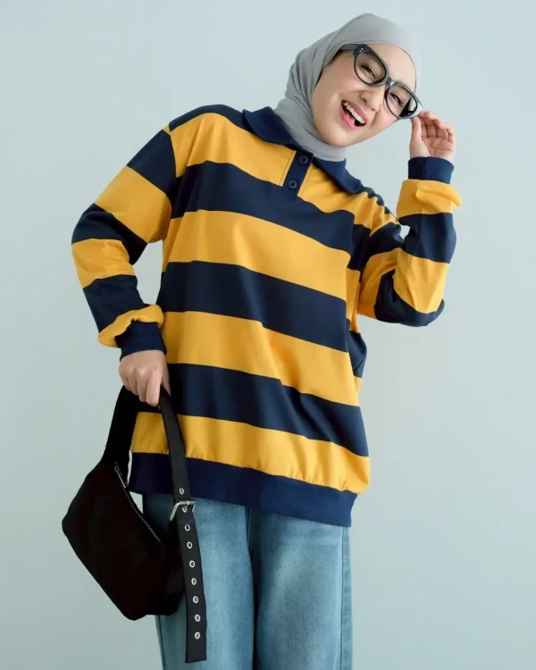 Stripe Sweatshirt Mustard-Navy | Top Kaos Katun X Rib Lengan Panjang | Kaos Wanita Santai foto 1