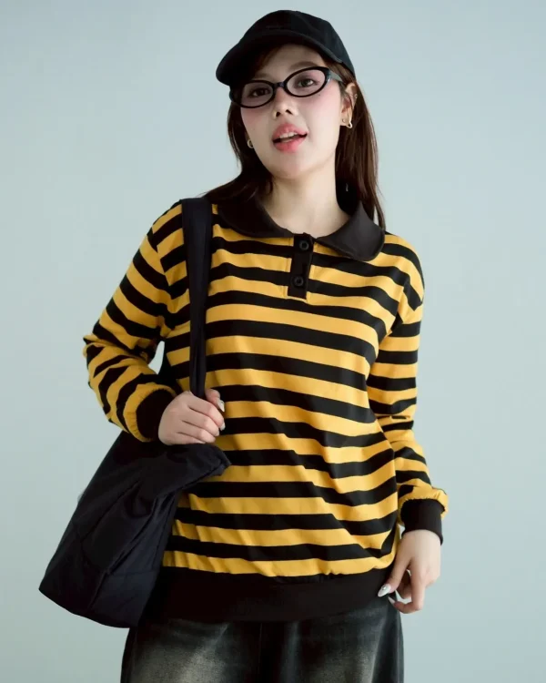 Stripe Sweatshirt Mustard-Black Big | Top Kaos Katun X Rib Lengan Panjang | Kaos Wanita Santai foto 1