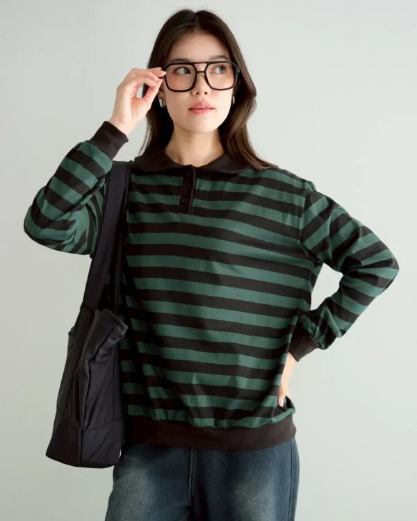 Stripe Sweatshirt Green-Black | Top Kaos Katun X Rib Lengan Panjang | Kaos Wanita Santai foto 3