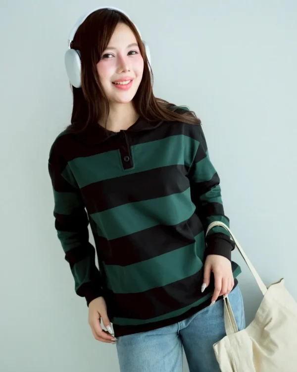 Stripe Sweatshirt Green-Black Big | Top Kaos Katun X Rib Lengan Panjang | Kaos Wanita Santai foto 2