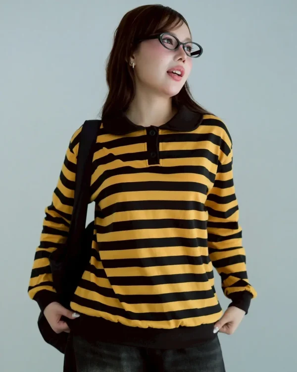 Stripe Sweatshirt Mustard-Black Big | Top Kaos Katun X Rib Lengan Panjang | Kaos Wanita Santai foto 3