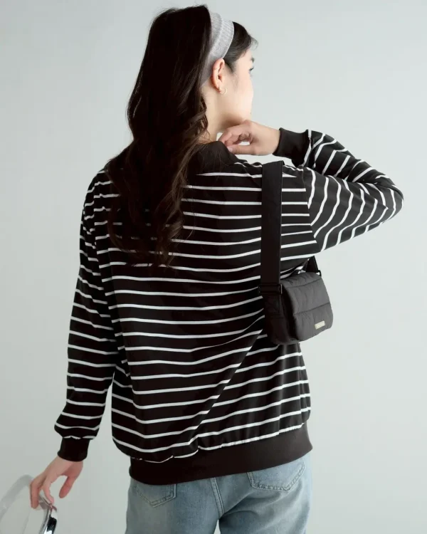 Stripe Sweatshirt Black Small | Top Kaos Katun X Rib Lengan Panjang | Kaos Wanita Santai foto 2