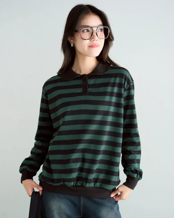 Stripe Sweatshirt Green-Black | Top Kaos Katun X Rib Lengan Panjang | Kaos Wanita Santai foto 1