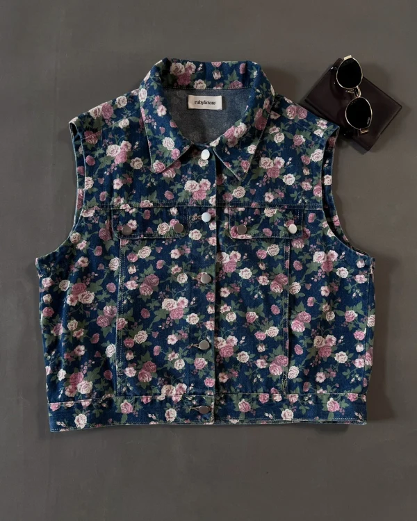 Pink Floral Denim Vest foto 1