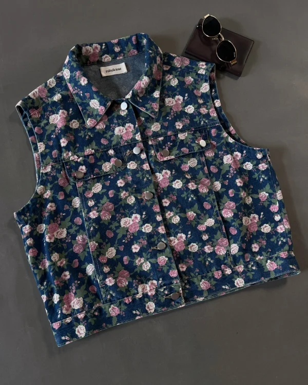 Pink Floral Denim Vest foto 3